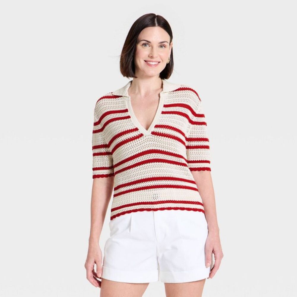 Women's Short Sleeve Polo Pullover Sweater Top - A New Day Cream/Red Striped XS